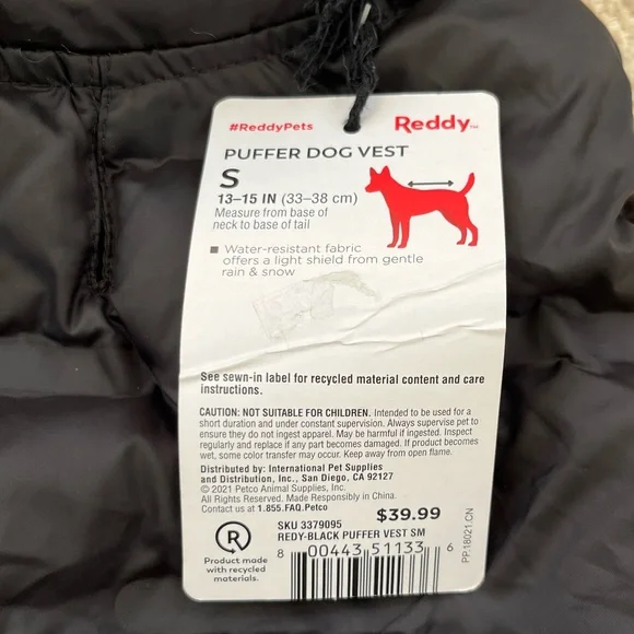 Reddy Petco Pet cat/dog puffer vest black with red trim S - Picture 8 of 9